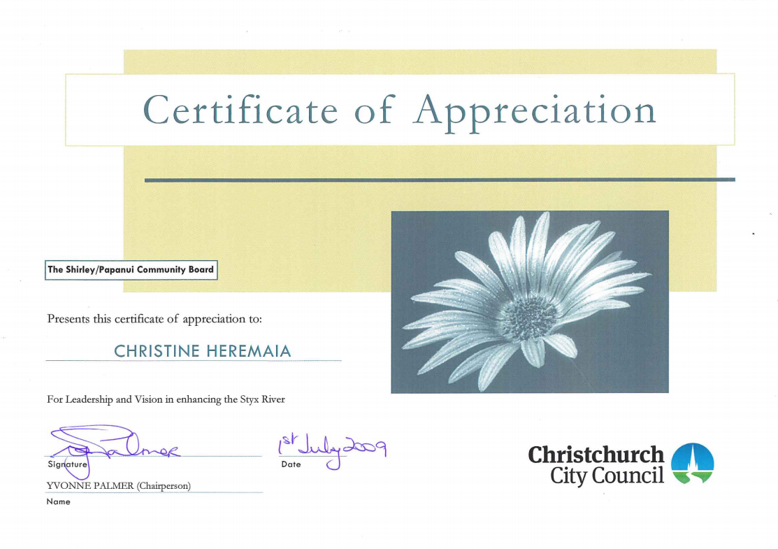 Certificate of Appreciation for Christine Heremaia