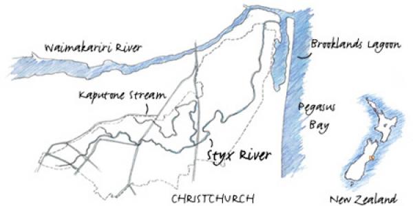 Line Drawing of the Styx River Catchment in Canterbury, New Zealand