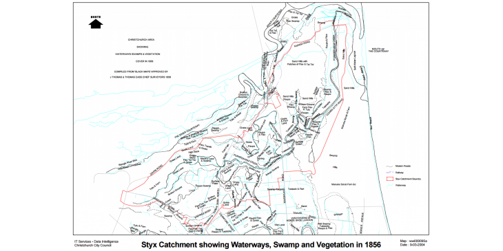 Styx Catchment showing waterways, swamp & vegetation in 1856