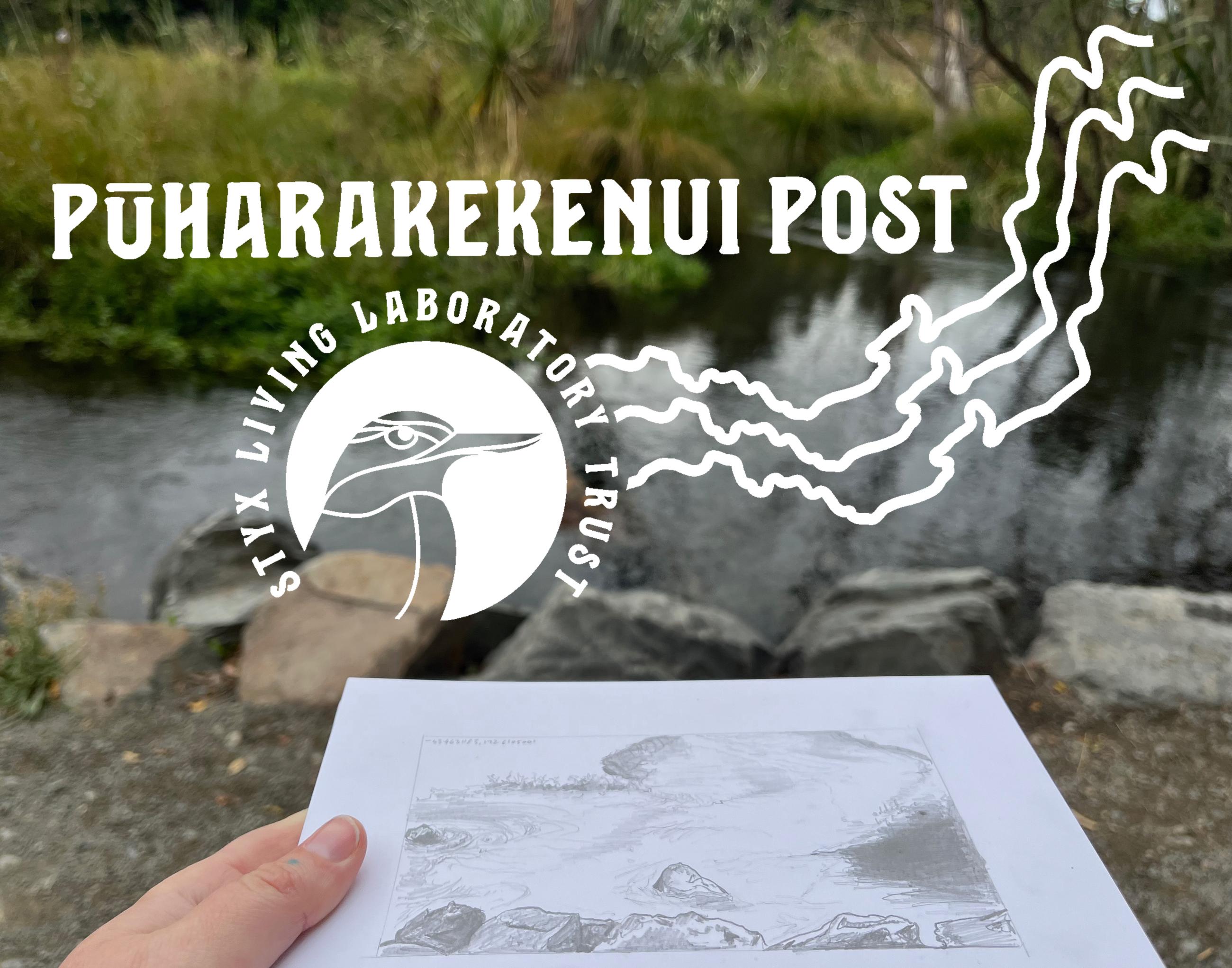 The Pūharakekenui Post logo in white is overlaid on a photo of a drawing of a stream, held up infront of the stream that the drawing depicts