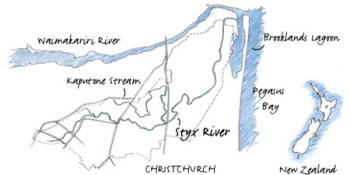 Line Drawing of the Styx River Catchment in Canterbury, New Zealand